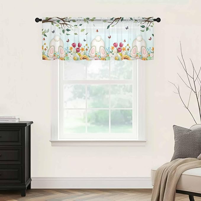 Easter Sheer Valances for Windows 42"x12", Light Filtering Kitchen Curtains Valance, Spring Watercolor Eggs Country Tulip Flower Plant Rod Pocket Chiffon Curtains for Living Room Bedroom Cafe