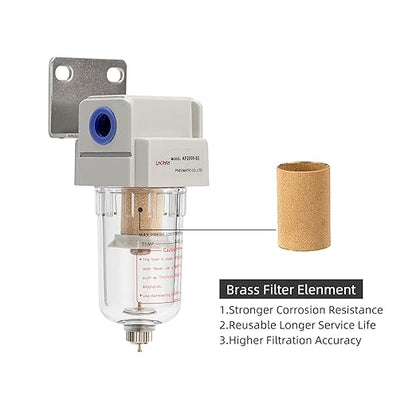Air Compressor Water Separator 1/4”NPT,Compressed Air Line Filter,Air Dryer for Compressor AF2000-02,5 Micron Brass Element,Manual Drain,Bracket