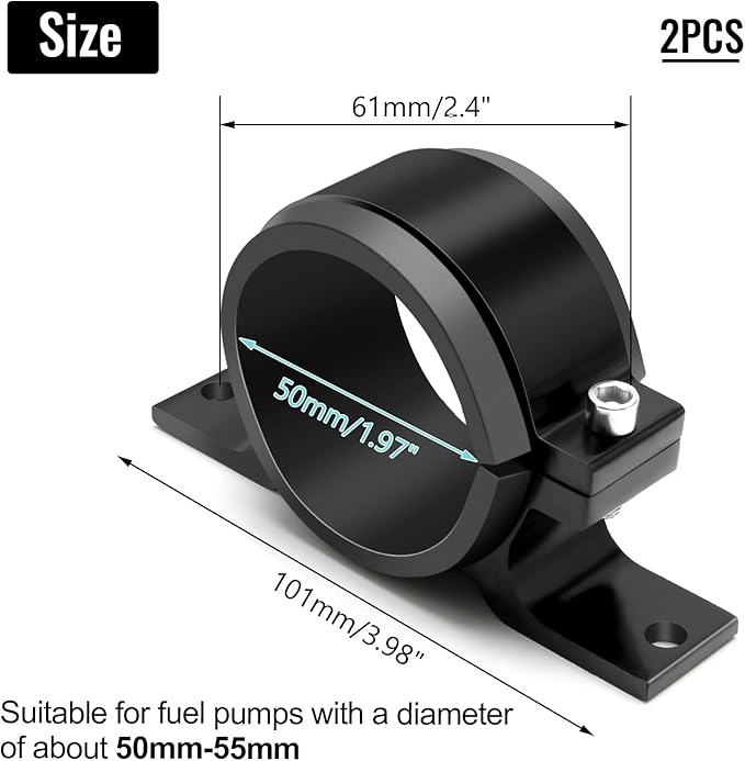 2 Pcs Universal Car Fuel Pump Fuel Filter Mounting Bracket Aluminum Clamp Holder with Rubber Insert, Black Hard Aluminum Anodized Accessories Suitable for Vehicle Fuel Oil Line (50 to 55 mm)