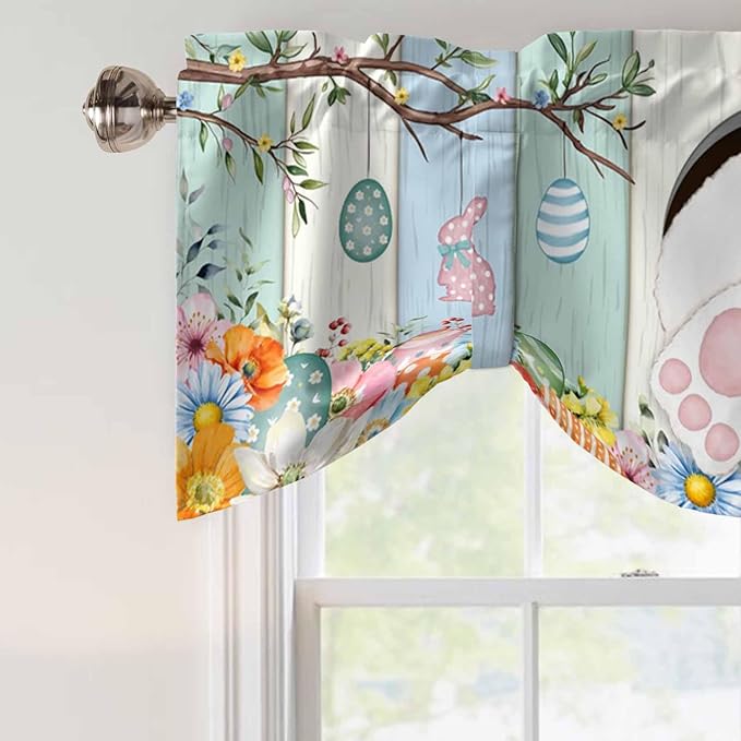Easter Tie Up Valance Curtains for Windows, Kitchen Curtains Window Shades, Spring Watercolor Bunny Eggs Wood Grain Teal Blue Light Filtering Roman Curtain Valances for Bedroom/Bathroom/Cafe 54"x18"