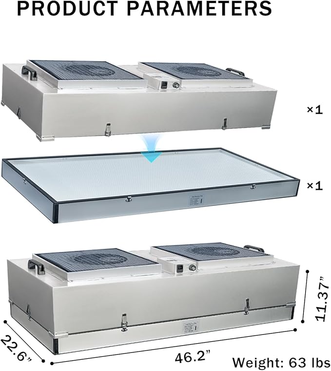 HEPA H14-Filter Laminar Flow Hood Updated FanFilter Unit（Include HEPA Filter）100/ISO Class 5 Cleanroom/Laboratory/Cleanroom/Mushroom Room, Laminar Air Flow Hood(46.2"x22.6"110V，Dual Machine)