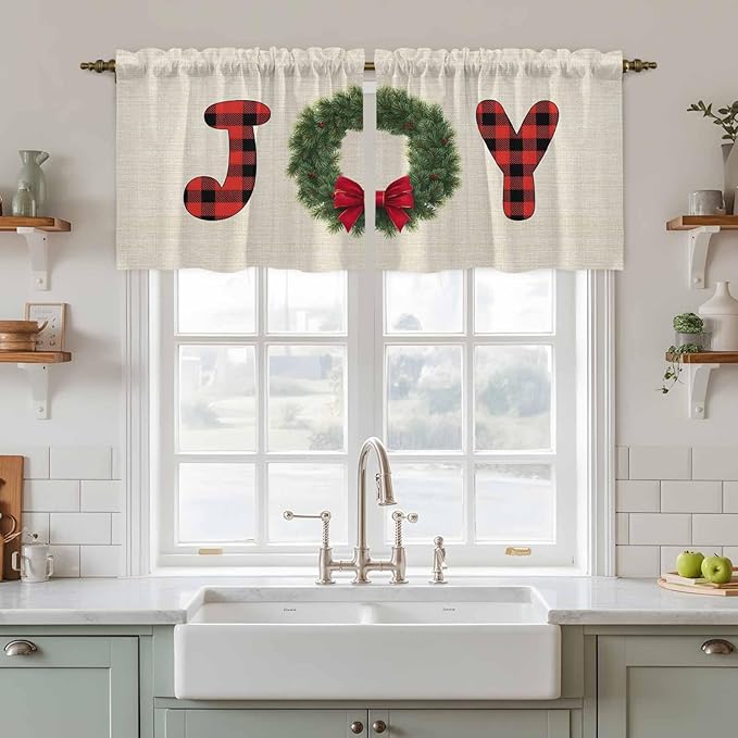 Red Green Christmas Kitchen Tier Curtains 36 Inch Long 2 Panel Set,Rod Pocket Half Window Curtains Over Sink,Farmhouse Xmas Botanical Winter Short Drapes for Bathroom Cafe 27.5"W x 36"L