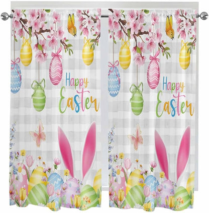 Happy Easter Bedroom Curtains 63 Inches length, Spring Watercolor Bunny Eggs Flower Grey Plaid Window Treatment Curtain Drapes, Rod Pocket Curtain Panels for Living Room Kitchen, 42"x63", 2 Panels