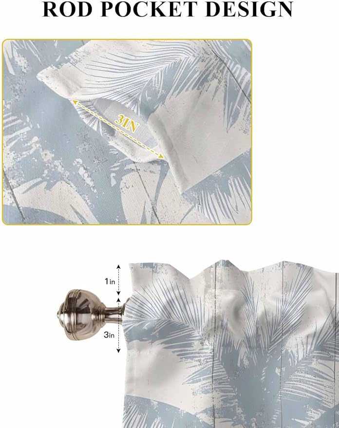 Summer Coconut Tree on Vintage Wood Grain Window Valance Curtains, Seaside Plants Light Filtering Kitchen Valance with 3-inch Rod Pocket for Living Room Bathroom Bedroom,2 Panel,52x54In
