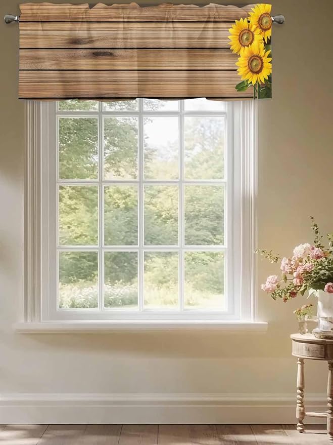 Kitchen Valances for Window, Farm Sunflower on Vintage Wood Grain Light Filtering Rod Pocket Valance Curtain, Spring Country Plant Short Curtains Window Topper for Bedroom Living Room 42x12in