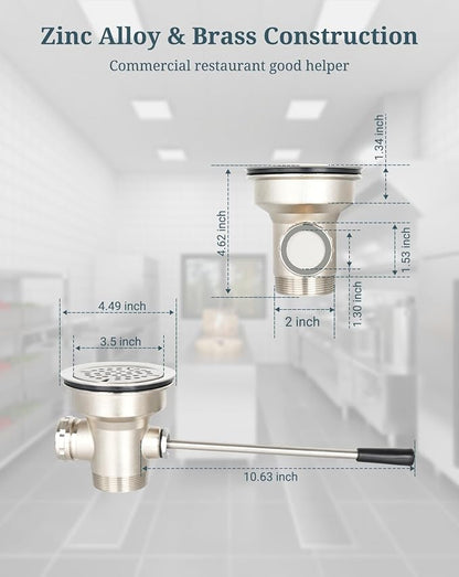 3-1/2 Inch Commercial Sink Drain with Twist Handle Kitchen Sink Opening Waste Drain Valve Stopper Prevents Sink Clogged Overflow for 1/2/3 Compartment Sink Style Drains