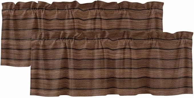 2 Pack Kitchen Valance for Windows, Farm Brown Wood Board Light Filtering Rod Pocket Valances Short Curtain, Vintage Farmhouses Barn Window Curtain for Bedroom Bathroom Living Room 54x18in