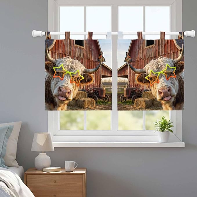 Farm Yaks Kitchen Curtains 36 Inch Length, Small Window Curtains Tab Top, Farmhouse Barn Funny Animals Butterfly Light Filtering Short Window Treatments Tier Drapes 27.5"x36" 2 Panel