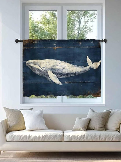 Sheer Curtains 54 Inch Length, Ocean Vintage Whale Semi Sheer Curtains Light Filtering Window Treatment, Summer Retro Wood Grain Privacy Voile Drapes for Living Room Bedroom 52x54 Inch