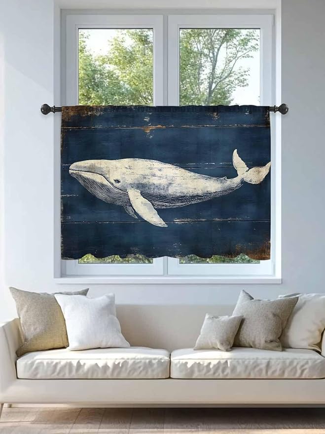 Sheer Curtains 45 Inch Length, Ocean Vintage Whale Semi Sheer Curtains Light Filtering Window Treatment, Summer Retro Wood Grain Privacy Voile Drapes for Living Room Bedroom 52x45 Inch