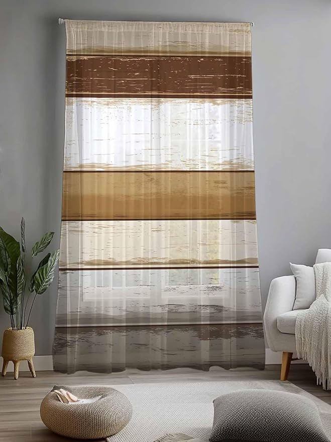 Sheer Curtains 84 Inches Long, Brown Wood Grain Semi Sheer Curtains Light Filtering Window Treatment, Vintage Country Geometric Striped Privacy Voile Drapes for Living Room Bedroom 52x84 Inch