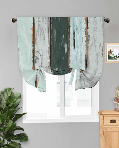Tie Up Curtains for Windows, Blue Teal Adjustable Balloon Nature Linen Textured Kitchen Curtain, Vintage Wooden Retro Art Farmhouse Barns Tie Up Blackout Curtains for Bedroom, 52 x 63 Inches