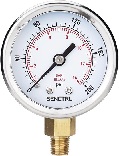 SENCTRL 0-200 psi Pressure Gauge, 2" Dial Size, 1/8 NPT Lower Mount, Waterproof, Stainless Steel Case, for Pneumatic Regulator Air Compressor Portable Tank Water Tire Test