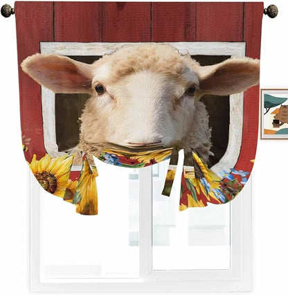 Tie Up Curtains for Windows, Sheep Sunflower Adjustable Balloon Nature Linen Textured Kitchen Curtain, Country Red Farm Barn Spring Flowers Blackout Curtains for Living Room, 46 x 63 Inches