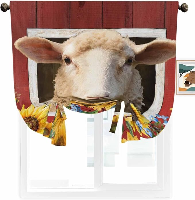 Tie Up Curtains for Windows, Sheep Sunflower Adjustable Balloon Nature Linen Textured Kitchen Curtain, Country Red Farm Barn Spring Flowers Decorative Tie Up Curtain for Window, 52" x 45"