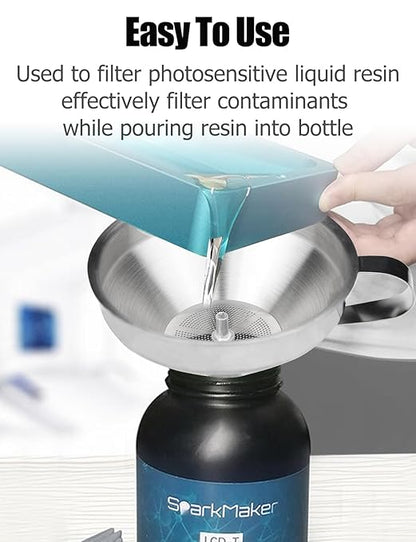Resin Funnel, Resin Filter Funnel with Strainer 3D Printer Stainless Steel Funnels for Filtering and Recycling UV SLA/DLP/LCD Photosensitive Resins, with Cleaning Brush