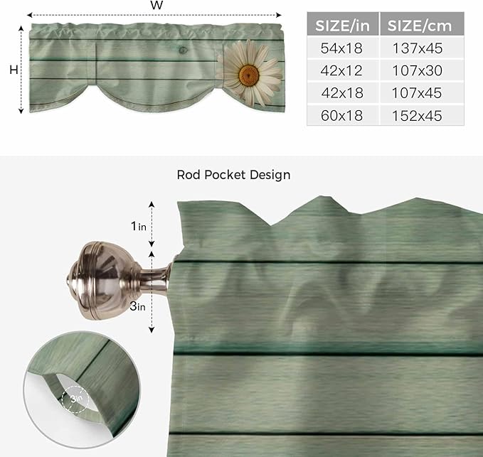 Daisy Flower Tie Up Valance Curtains for Windows, Kitchen Curtains Window Shades, Modern Art Floral Farmhouse Teal Wooden Grain Light Filtering Roman Curtain Valances for Bedroom/Bathroom/Cafe 42"x12"