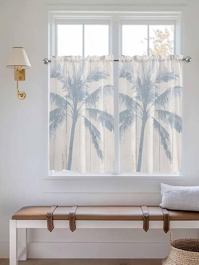 Summer Coconut Tree on Vintage Wood Grain Window Valance Curtains, Seaside Plants Light Filtering Kitchen Valance with 3-inch Rod Pocket for Living Room Bathroom Bedroom,2 Panel,27.5x45In