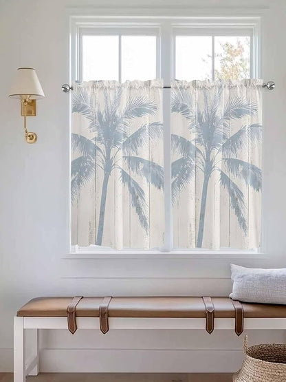 Summer Coconut Tree on Vintage Wood Grain Window Valance Curtains, Seaside Plants Light Filtering Kitchen Valance with 3-inch Rod Pocket for Living Room Bathroom Bedroom,2 Panel,42x54In