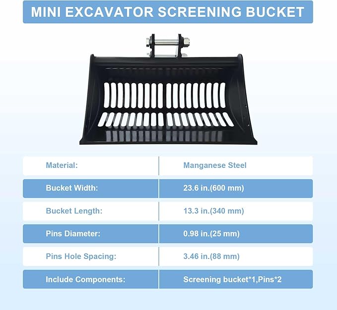 24-inch / 600-millimeter Screen Bucket, Excavator Accessory, Suitable for AGT and Other Chinese mini excavators, Used as a Filtering Frame Screen Bucket for Filtering and Sorting Materials.