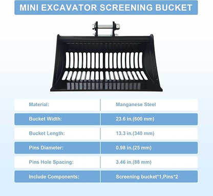 24-inch / 600-millimeter Screen Bucket, Excavator Accessory, Suitable for AGT and Other Chinese mini excavators, Used as a Filtering Frame Screen Bucket for Filtering and Sorting Materials.