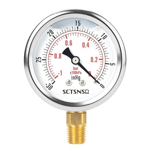 2-1/2" Dial Size, -30 inHg-0 Pressure Gauge, Glycerin Liquid Filled, 1/4" NPT Lower Mount, Stainless Steel Case, for Air Conditioning Line, Tank, Air Pump, HVAC, Pipe, Vacuum Pressure Test