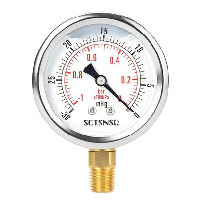 2-1/2" Dial Size, -30 inHg-0 Pressure Gauge, Glycerin Liquid Filled, 1/4" NPT Lower Mount, Stainless Steel Case, for Air Conditioning Line, Tank, Air Pump, HVAC, Pipe, Vacuum Pressure Test