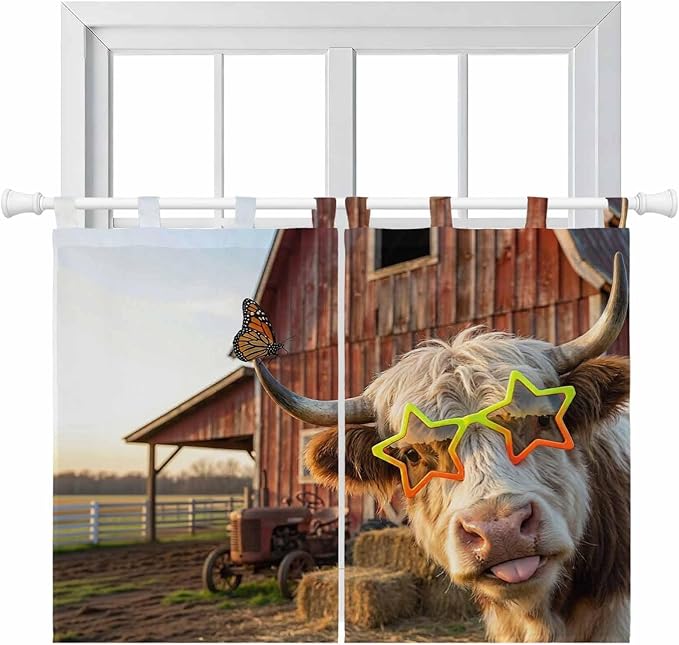 Farm Yaks Bedroom Curtains 63 Inch Length, Window Curtains Tab Top, Farmhouse Barn Funny Animals Butterfly Light Filtering Window Treatments Drapes 42"x63" 2 Panel