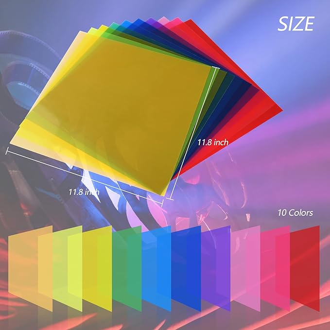 Sakolla 12 x 12 Inches Lighting Gel Filter, 10 Pcs Transparent Color Filters Correction Gels for Lighting, Studio, Video, Recording, Diffuser