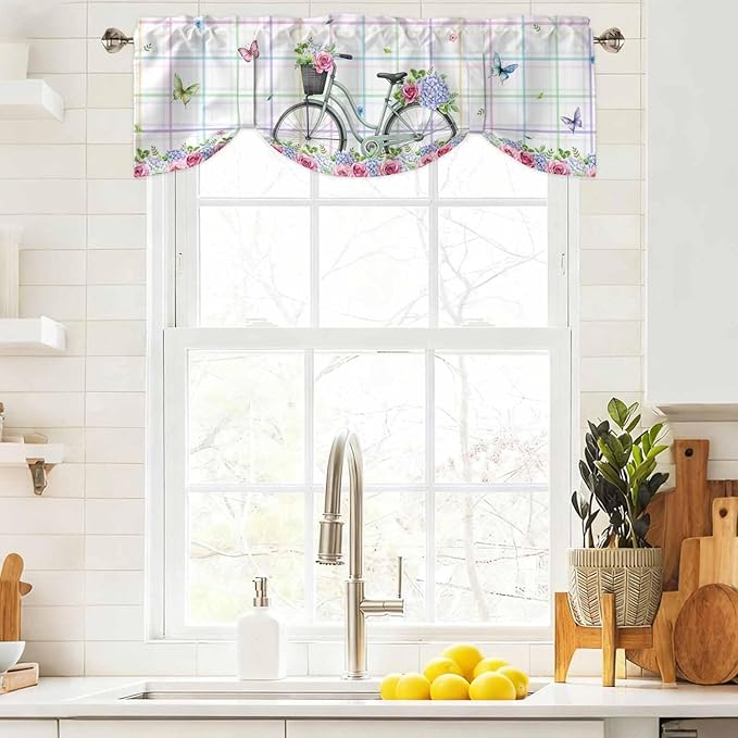 Spring Tie Up Valance Curtains for Windows, Kitchen Curtains Window Shades, Bicycles Botanical Leaves Rose Colorful Stripes Light Filtering Roman Curtain Valances for Bedroom/Bathroom/Cafe 42"x12"