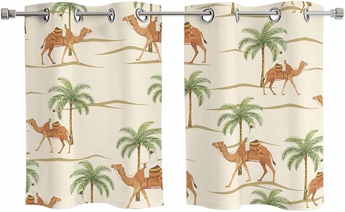 2 Panel Kitchen Cafe Curtains, Date Coconut Tree Sunlight Filtering Nature Air Through, Home Decor Window Covering Tier Curtains for Living Room 55W x 39L inch Desert Camels Botanical Tropical Beige