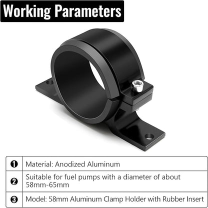 2 Pcs Universal Car Fuel Pump Fuel Filter Mounting Bracket Aluminum Clamp Holder with Rubber Insert, Black Hard Aluminum Anodized Accessories Suitable for Vehicle Fuel Oil Line (58 to 65 mm)