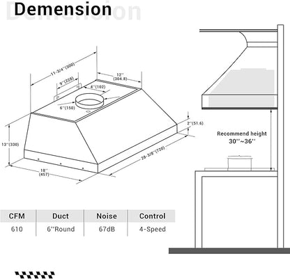 CHETTO C Stainless Steel Range Hood Cover with Quiet Vent Hood Insert Custom Handcrafted Metal Kitchen Fan with Towel Rack LED Light 30"W x24"D x57"H Brushed Stainless Steel Wall Mount