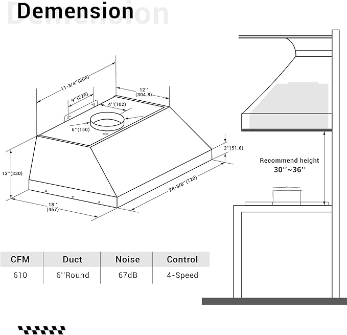 CHETTO C Stainless Steel Range Hood Cover with 4-Speed Vent Hood Insert Custom Handmade Metal Kitchen Fan with Towel Rack LED Light 30"W x27"D x30"H Black Island Mount