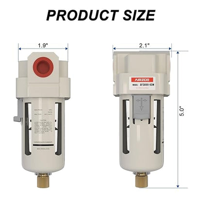 AIRZOE 3/8" NPT Air Dryer for Compressor - Air Compressor Water Separator AF3000-03, Manual Drain,5 Micron Brass Element, Poly Bowl