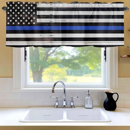American Flag Valances for Windows, Blue Line Star Black White Stripes Wood Grain Kitchen Valance Light Filtering Rod Pocket Short Curtains for Kitchen Bathroom, 1 Panel, 60"x18"