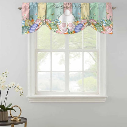 Easter Tie Up Valance Curtains for Windows, Kitchen Curtains Window Shades, Spring Rabbit Ears Foot Eggs Floral Wooden Grain Light Filtering Roman Curtain Valances for Bedroom/Bathroom/Cafe 54"x18"