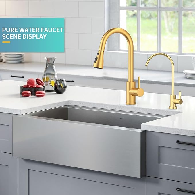Kitchen Sink Faucet with Pull - Down Sprayer, 2 - Handle 3 - in - 1 Kitchen Sink Filter Faucet, Cold and Hot Mixer Drinking Water Faucet (Filter Faucet, Gold)