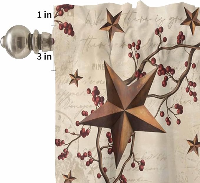Kitchen Curtains Tiers and Valance Set of 3, Brown Farmhouse Light Filtering Window Curtain Set, Retro Country Stars Rustic Branches Berry Rod Pocket Curtain Drapes for Living Room, 36 Inches Tiers