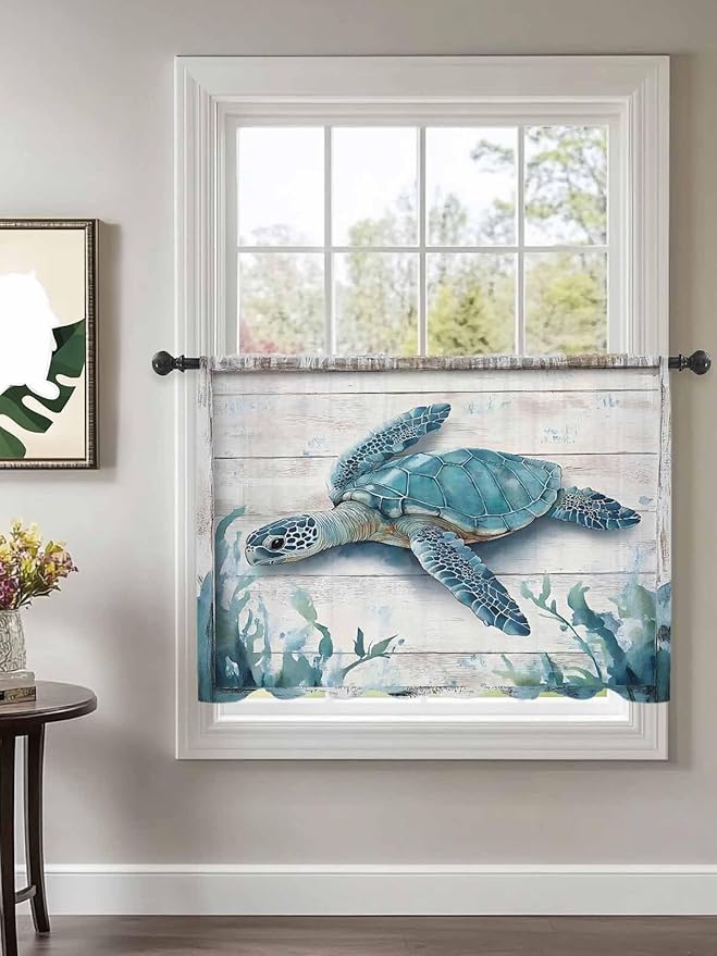 Sheer Curtains 54 Inch Length, Teal Green Sea Turtle Semi Sheer Curtains Light Filtering Window Treatment, Summer Ocean Seaweed Wood Grain Privacy Voile Drapes for Living Room Bedroom 52x54 Inch
