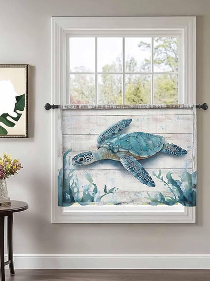 Sheer Curtains 45 Inch Length, Teal Green Sea Turtle Semi Sheer Curtains Light Filtering Window Treatment, Summer Ocean Seaweed Wood Grain Privacy Voile Drapes for Living Room Bedroom 52x45 Inch