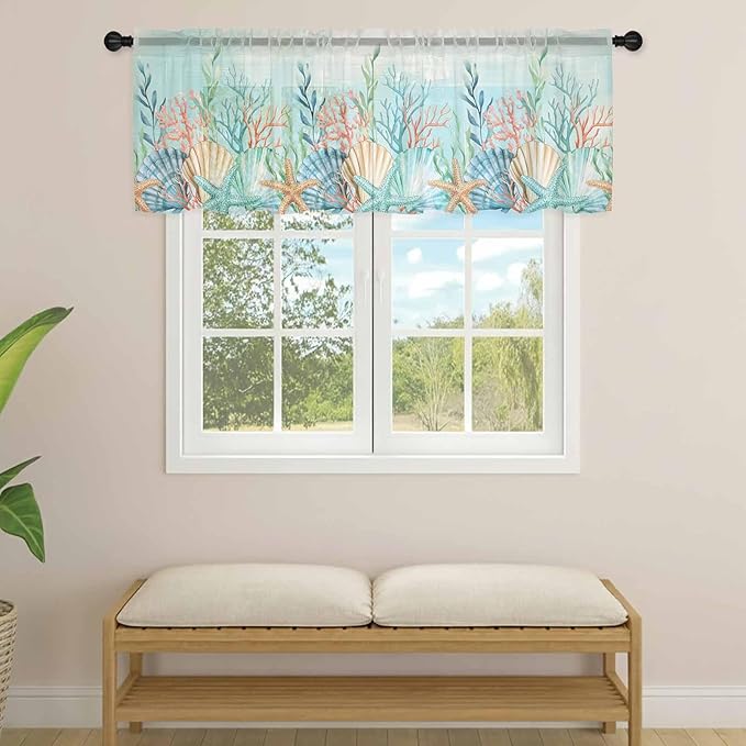 Summer Beach Sheer Valance Curtains, Green Ocean Colorful Coral Shell Seaweed Starfish Light Filtering Kitchen Valances Rod Pocket Voile Curtain Treatment for Bedroom/Living Room/Basement 42Wx12L