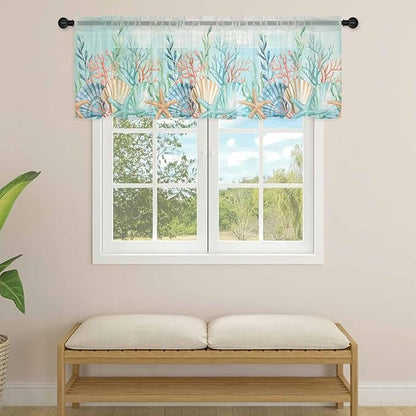 Summer Beach Sheer Valance Curtains, Green Ocean Colorful Coral Shell Seaweed Starfish Light Filtering Kitchen Valances Rod Pocket Voile Curtain Treatment for Bedroom/Living Room/Basement 42Wx12L
