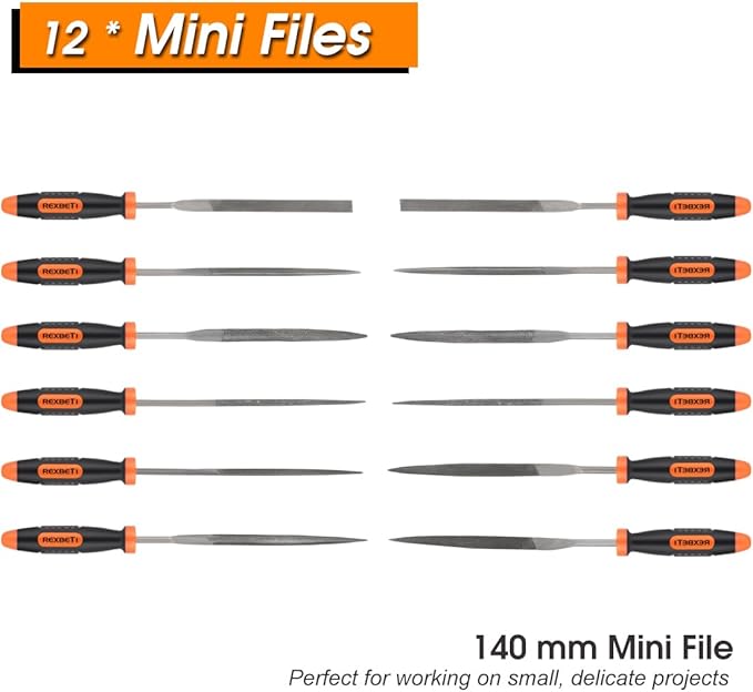 REXBETI 25Pcs Metal File Set, Premium Grade T12 Drop Forged Alloy Steel, Flat/Triangle/Half-round/Round Large File and 12pcs Needle Files with Carry Case, 6pcs Sandpaper, Brush, A Pair Working Gloves