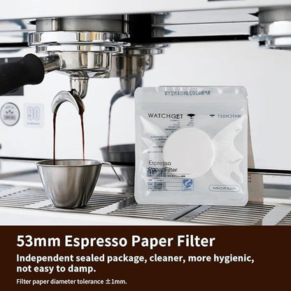 watchget 53mm Espresso Paper Filters - 500 Pcs Unbleached Coffee Filter Papers for Espresso Machine Puck Screen, Compatible with 54mm Portafilter Baskets, Replacement Paper Filters for Barista Tools