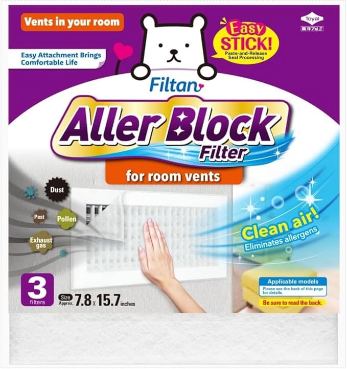 Aller Block Room Vent Filters – Anti-Allergenic, Captures Dust & Pollen, Peel & Stick, Easy Apply, FILTAN, Made in Japan, 3 Sheets
