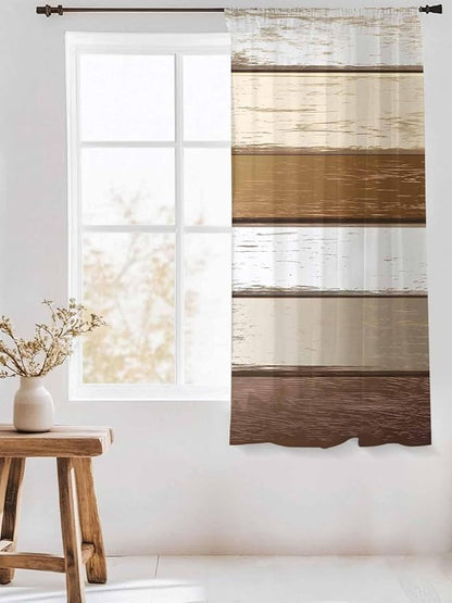 Sheer Curtains 63 Inch Length, Vintage Geometric Brown Semi Sheer Curtains Light Filtering Window Treatment, Farmhouse Country Chic Wood Grain Privacy Voile Drapes for Living Room Bedroom 52x63 Inch