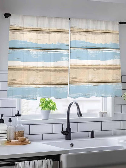 Sheer Curtains 45 Inch Length, Vintage Geometric Blue Semi Sheer Curtains Light Filtering Window Treatment, Abstract Country Shabby Wood Grain Privacy Voile Drapes for Living Room Bedroom 52x45 Inch