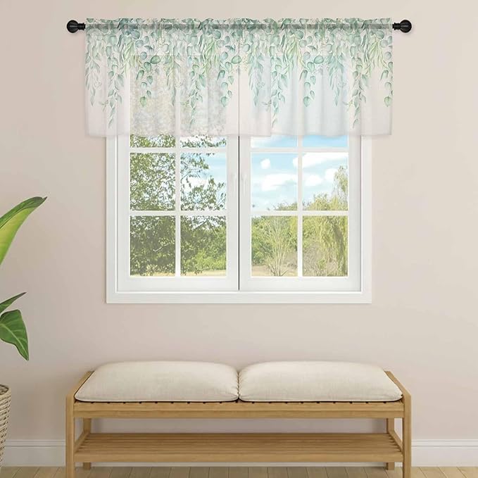 Green Leaf Sheer Valance Curtains, Eucalyptus Leaves Vintage Linen Texture Spring Plant Light Filtering Kitchen Valances Rod Pocket Voile Curtain Treatment for Bedroom/Living Room/Basement 42Wx18L