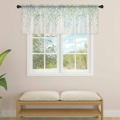 Green Leaf Sheer Valance Curtains, Eucalyptus Leaves Vintage Linen Texture Spring Plant Light Filtering Kitchen Valances Rod Pocket Voile Curtain Treatment for Bedroom/Living Room/Basement 42Wx18L